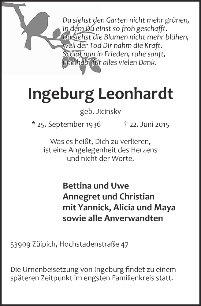  Traueranzeige für Ingeburg Leonhardt vom 28.06.2015 aus  Blickpunkt Euskirchen 