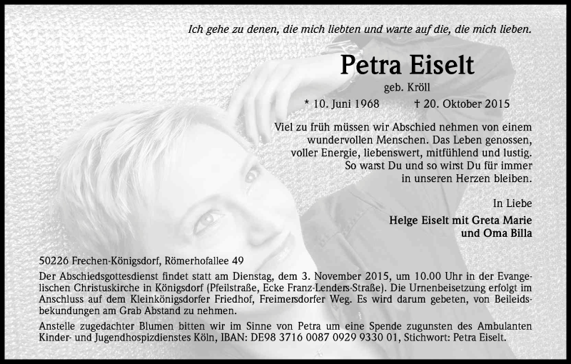  Traueranzeige für Petra Eiselt vom 24.10.2015 aus Kölner Stadt-Anzeiger / Kölnische Rundschau / Express