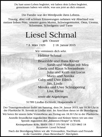 Anzeige von Liesel Schmal von Kölner Stadt-Anzeiger / Kölnische Rundschau / Express