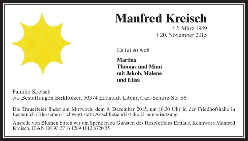  Traueranzeige für Manfred Kreisch vom 02.12.2015 aus  Werbepost 
