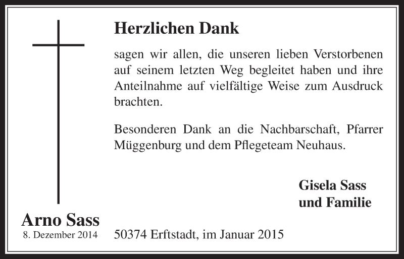  Traueranzeige für Arno Sass vom 21.01.2015 aus  Werbepost 