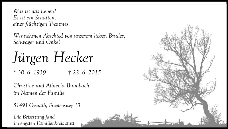  Traueranzeige für Jürgen Hecker vom 03.07.2015 aus Kölner Stadt-Anzeiger / Kölnische Rundschau / Express