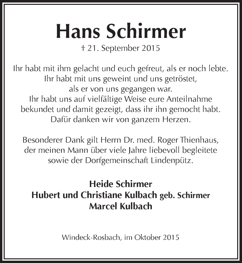  Traueranzeige für Hans Schirmer vom 14.10.2015 aus  Lokalanzeiger 