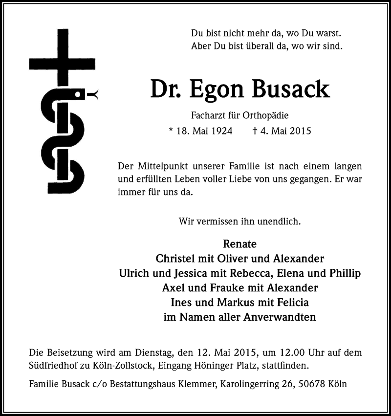  Traueranzeige für Egon Busack vom 09.05.2015 aus Kölner Stadt-Anzeiger / Kölnische Rundschau / Express