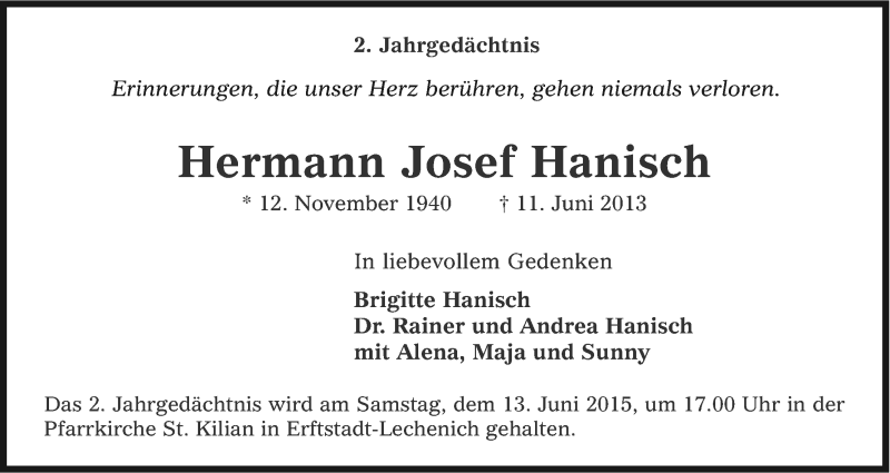  Traueranzeige für Hermann Josef Hanisch vom 10.06.2015 aus Kölner Stadt-Anzeiger / Kölnische Rundschau / Express