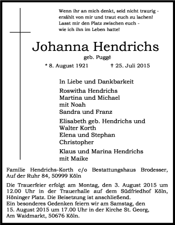 Anzeige von Johanna Hendrichs von Kölner Stadt-Anzeiger / Kölnische Rundschau / Express