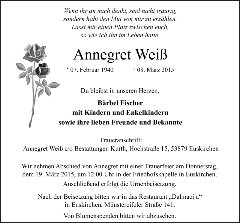  Traueranzeige für Annegret Weiß vom 15.03.2015 aus  Blickpunkt Euskirchen 