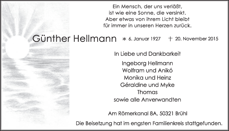  Traueranzeige für Günther Hellmann vom 09.12.2015 aus  Schlossbote/Werbekurier 