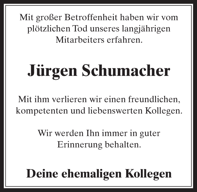  Traueranzeige für Jürgen Schumacher vom 26.08.2015 aus  Wochenende 