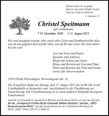 Anzeige von Christel Speitmann von Kölner Stadt-Anzeiger / Kölnische Rundschau / Express