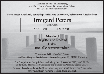 Anzeige von Irmgard Peters von  Sonntags-Post 