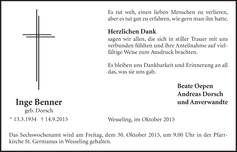  Traueranzeige für Inge Benner vom 21.10.2015 aus  Schlossbote/Werbekurier 