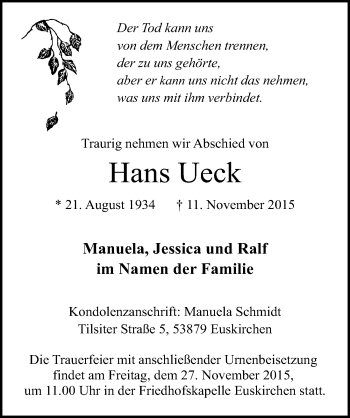 Anzeige von Hans Ueck von  Blickpunkt Euskirchen 
