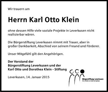 Anzeige von Karl Otto Klein von Kölner Stadt-Anzeiger / Kölnische Rundschau / Express