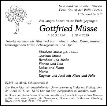 Anzeige von Gottfried Müsse von Kölner Stadt-Anzeiger / Kölnische Rundschau / Express