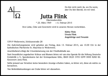 Anzeige von Jutta Flink von Kölner Stadt-Anzeiger / Kölnische Rundschau / Express