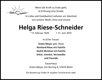 Anzeige von Helga Riese-Schneider von Kölner Stadt-Anzeiger / Kölnische Rundschau / Express