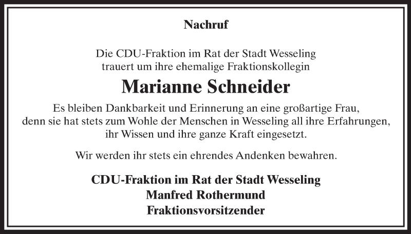  Traueranzeige für Marianne Schneider vom 18.03.2015 aus  Schlossbote/Werbekurier 