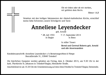Anzeige von Anneliese Leyendecker von Kölner Stadt-Anzeiger / Kölnische Rundschau / Express