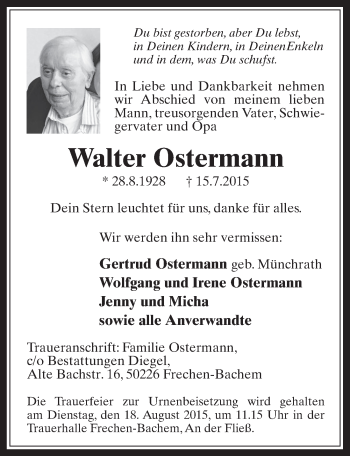 Anzeige von Walter Ostermann von  Wochenende 