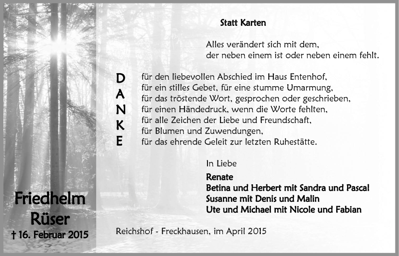  Traueranzeige für Friedhelm Rüser vom 01.04.2015 aus  Anzeigen Echo 