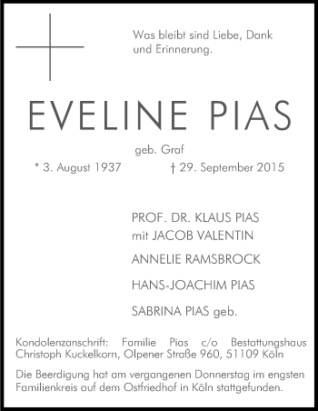 Anzeige von Eveline Pias von Kölner Stadt-Anzeiger / Kölnische Rundschau / Express