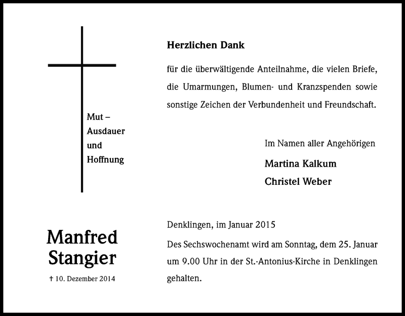  Traueranzeige für Manfred Stangier vom 17.01.2015 aus Kölner Stadt-Anzeiger / Kölnische Rundschau / Express