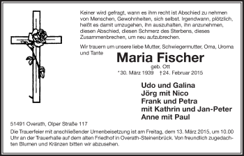 Anzeige von Maria Fischer von  Bergisches Sonntagsblatt 