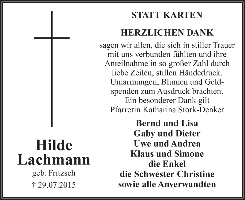  Traueranzeige für Hilde Lachmann vom 26.08.2015 aus  Extra Blatt 