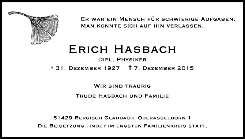  Traueranzeige für Erich Hasbach vom 12.12.2015 aus Kölner Stadt-Anzeiger / Kölnische Rundschau / Express