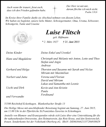Anzeige von Luise Flitsch von Kölner Stadt-Anzeiger / Kölnische Rundschau / Express