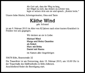Anzeige von Käthe Wind von Kölner Stadt-Anzeiger / Kölnische Rundschau / Express