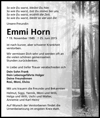 Anzeige von Emmi Horn von Kölner Stadt-Anzeiger / Kölnische Rundschau / Express