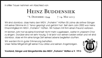 Anzeige von Heinz Buddensiek von Kölner Stadt-Anzeiger / Kölnische Rundschau / Express