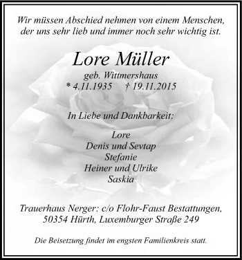 Anzeige von Lore Müller von Kölner Stadt-Anzeiger / Kölnische Rundschau / Express