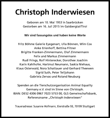 Anzeige von Christoph Inderwiesen von Kölner Stadt-Anzeiger / Kölnische Rundschau / Express
