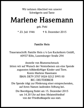 Anzeige von Marlene Hasemann von Kölner Stadt-Anzeiger / Kölnische Rundschau / Express