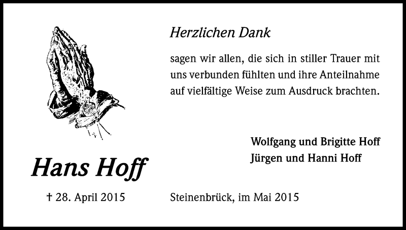  Traueranzeige für Hans Hoff vom 06.06.2015 aus Kölner Stadt-Anzeiger / Kölnische Rundschau / Express
