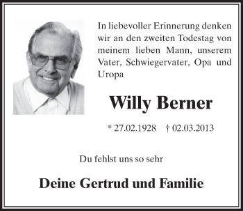 Anzeige von Willy Berner von  Schlossbote/Werbekurier 