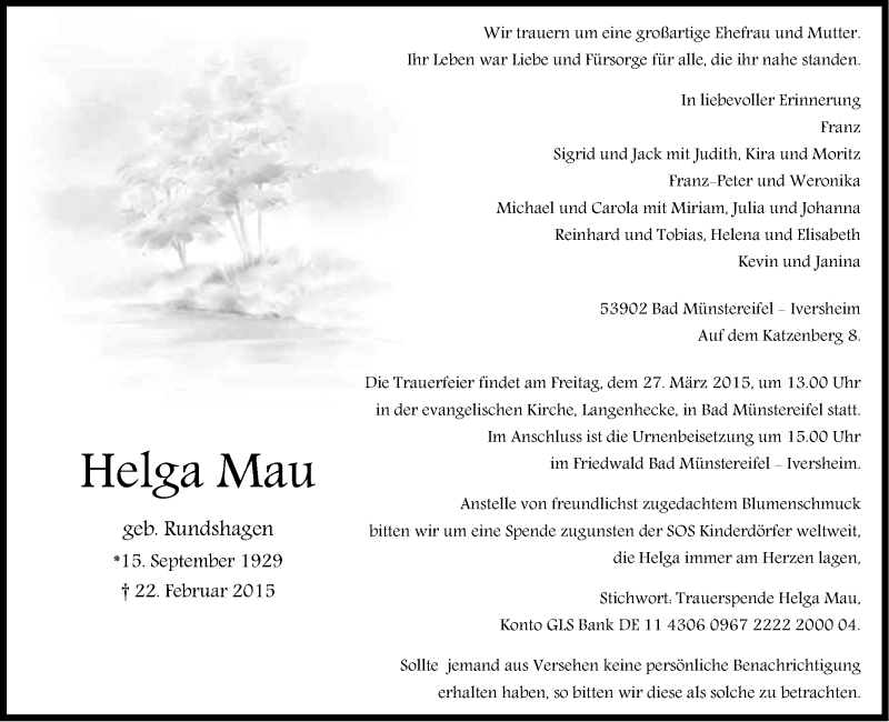  Traueranzeige für Helga Mau vom 07.03.2015 aus Kölner Stadt-Anzeiger / Kölnische Rundschau / Express