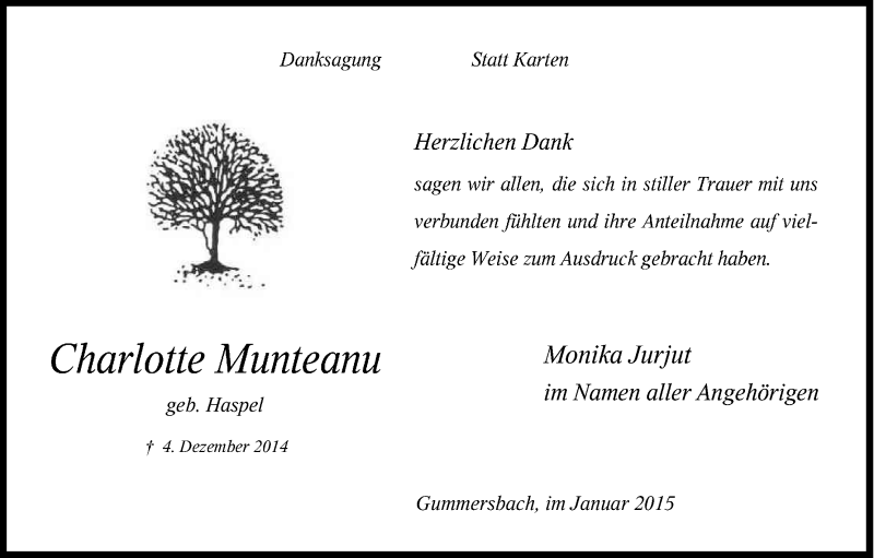  Traueranzeige für Charlotte Munteanu vom 17.01.2015 aus Kölner Stadt-Anzeiger / Kölnische Rundschau / Express