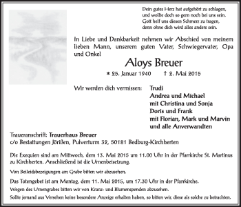 Anzeige von Aloys Breuer von  Sonntags-Post 