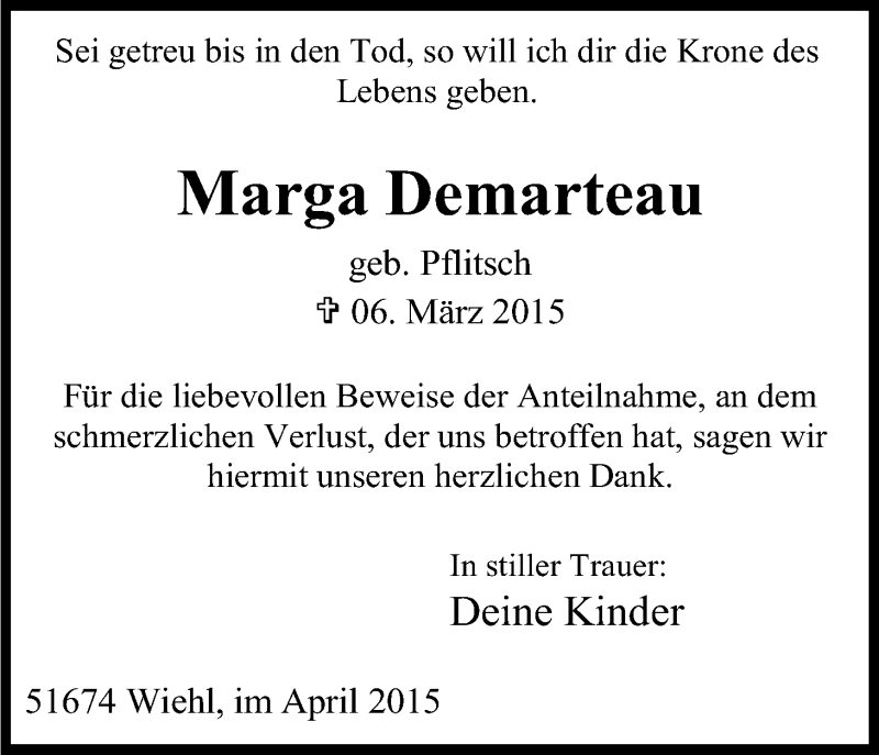  Traueranzeige für Marga Demarteau vom 25.04.2015 aus Kölner Stadt-Anzeiger / Kölnische Rundschau / Express