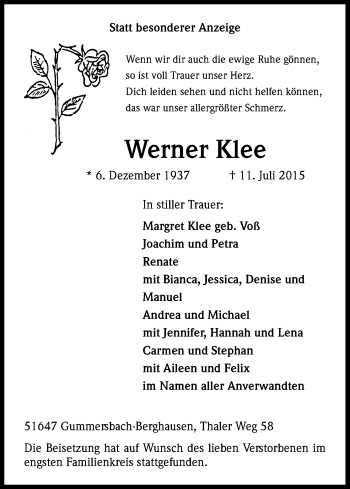 Anzeige von Werner Klee von Kölner Stadt-Anzeiger / Kölnische Rundschau / Express