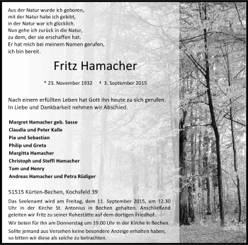 Anzeige von Fritz Hamacher von Kölner Stadt-Anzeiger / Kölnische Rundschau / Express