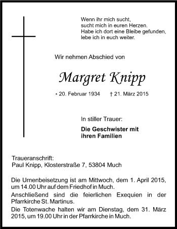 Anzeige von Margret Knipp von Kölner Stadt-Anzeiger / Kölnische Rundschau / Express