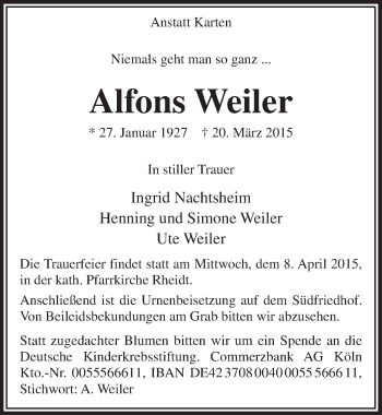 Anzeige von Alfons Weiler von  Extra Blatt 