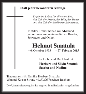 Anzeige von Helmut Smatula von  Wochenende 