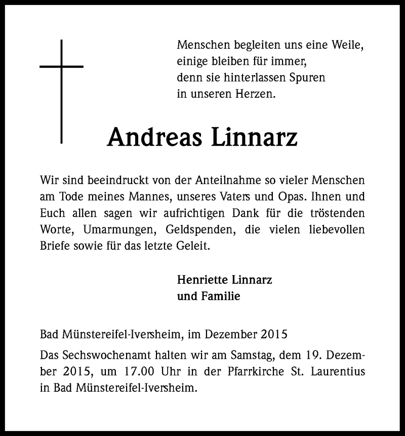  Traueranzeige für Andreas Linnarz vom 12.12.2015 aus Kölner Stadt-Anzeiger / Kölnische Rundschau / Express