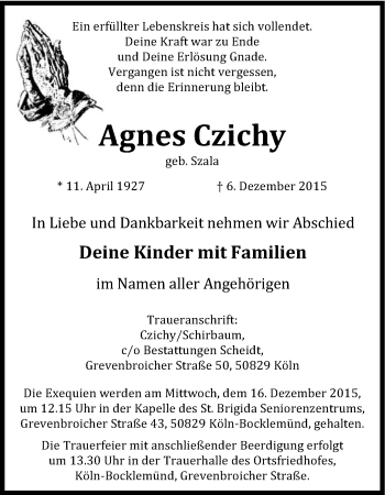 Anzeige von Agnes Czichy von Kölner Stadt-Anzeiger / Kölnische Rundschau / Express